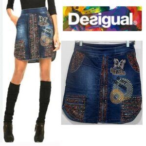 Desigual Blue Embroidered Layered Patchwork Skirt Size 38